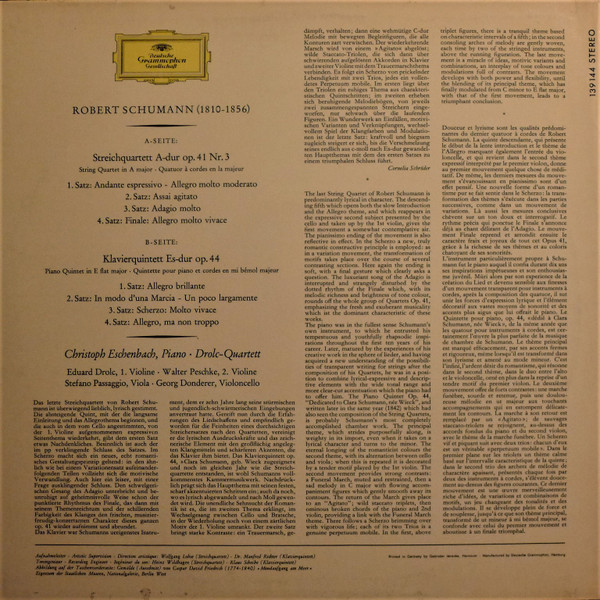 Robert Schumann , Christoph Eschenbach · Drolc-Quartett - Streichquartett A-dur • Klavierquintett Es-dur | Deutsche Grammophon (139 144) - 2