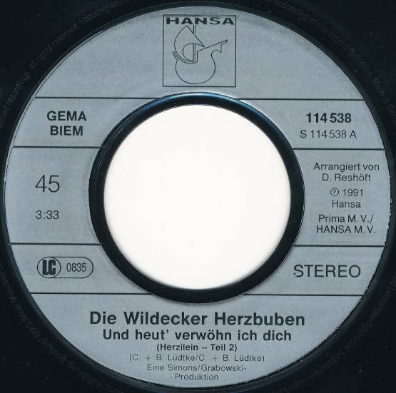 Die Wildecker Herzbuben - Und Heut' Verwöhn Ich Dich (Herzilein Teil 2) | Hansa (114 538) - 2