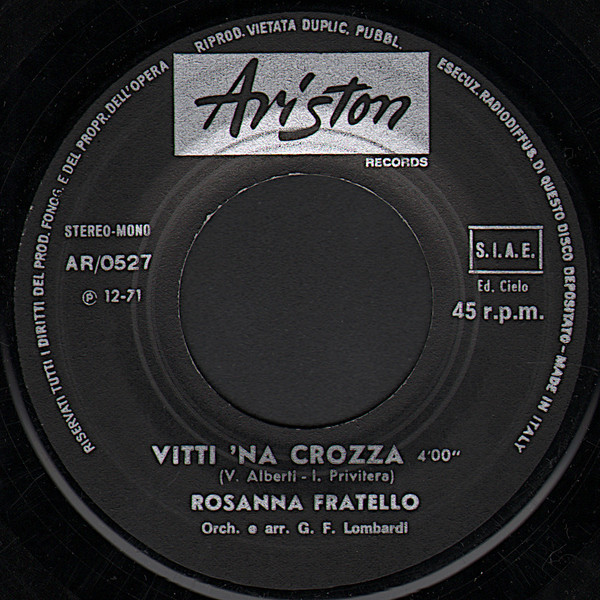 Rosanna Fratello - Sono Una Donna, Non Sono Una Santa / Vitti 'Na Crozza | Ariston (AR.0527) - 2