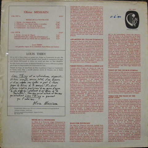 Olivier Messiaen / Louis Thiry - Messe De La Pentecôte / Apparition De L'Eglise Éternelle / Verset Pour La Fête De La Dédicace | Calliope (CAL 1927) - 2 Olivier Messiaen / Louis Thiry - Messe De La Pentecôte / Apparition De L'Eglise Éternelle / Verset Pour La Fête De La Dédicace | Calliope (CAL 1927) - 2