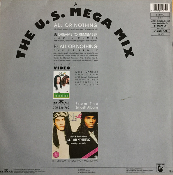 Milli Vanilli - All Or Nothing (The U.S. Mega Mix) | Hansa (612 870) - 2