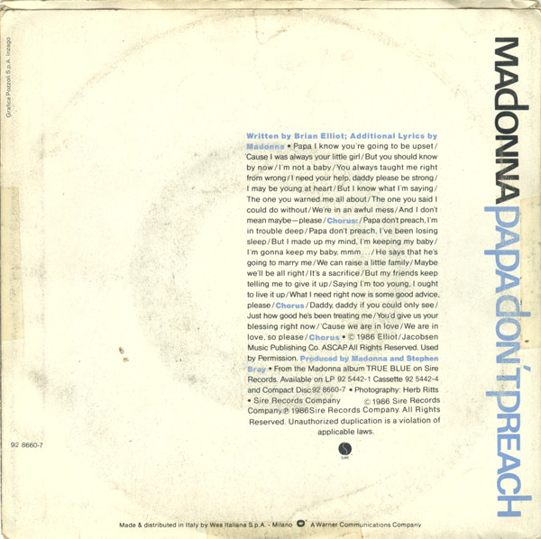 Madonna - Papa Don't Preach | Sire (92 8660-7) - 2