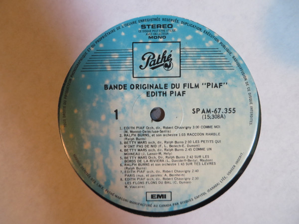 Edith Piaf & Betty Mars - Piaf - Bande Originale Du Film [Vinyl] | Disques Capitol-EMI Du Canada Limitée (SPAM 67.355) - 2
