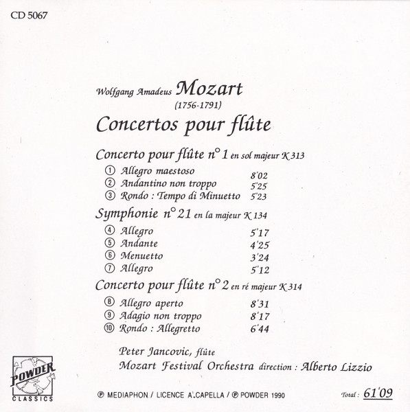 Wolfgang Amadeus Mozart - Concertos Pour Flûte | Powder (CD 5067) - 4