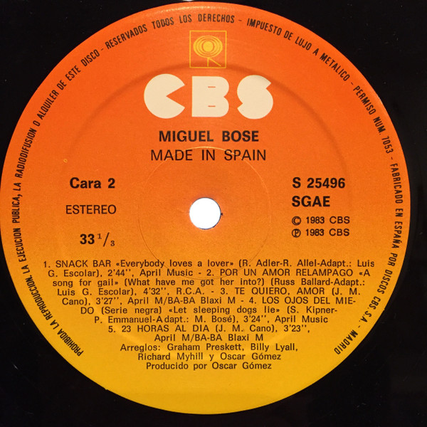 Miguel Bosé - Made In Spain | CBS (S 25496) - 4
