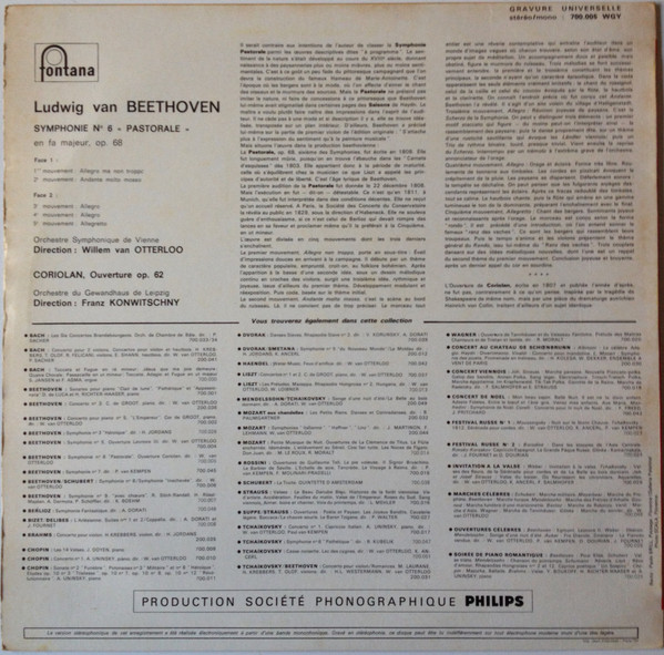 Ludwig van Beethoven / Franz Konwitschny , Willem Van Otterloo - Symphonie N°6 "Pastorale" / Ouverture Coriolan | Fontana (700 005 WGY) - 2