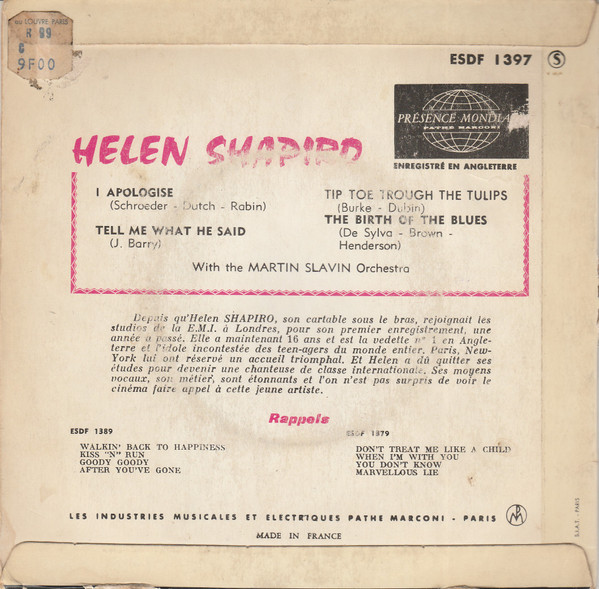 Helen Shapiro - I Apologise | Columbia (ESDF 1397) - 2