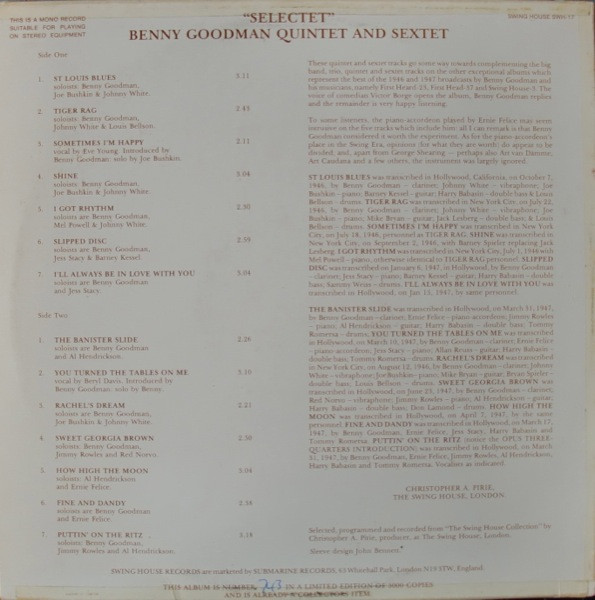The Benny Goodman Quintet And Benny Goodman Sextet - Selectet | Swing House Records (SWH-17) - 2