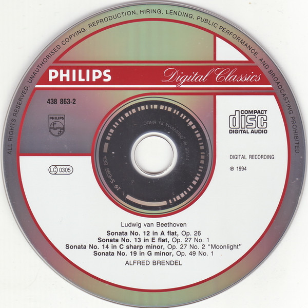 Ludwig van Beethoven , Alfred Brendel - Piano Sonatas = Klaviersonaten: Op. 26 • Op. 27 No. 1 • Op. 27 No. 2 («Moonlight» = «Mondschein» = «Clair De Lune») • Op. 49 No. 1 | Philips (438 863-2) - 3