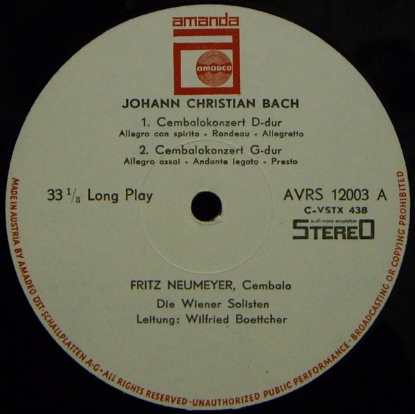 Johann Christian Bach / Carl Philipp Emanuel Bach - Fritz Neumeyer , Die Wiener Solisten , Wilfried Boettcher - Cembalokonzert D-dur / Cembalokonzert G-dur / Cembalokonzert D-moll | Amadeo (AVRS 12003 St) - 3