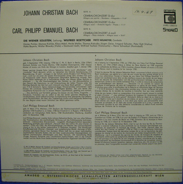Johann Christian Bach / Carl Philipp Emanuel Bach - Fritz Neumeyer , Die Wiener Solisten , Wilfried Boettcher - Cembalokonzert D-dur / Cembalokonzert G-dur / Cembalokonzert D-moll | Amadeo (AVRS 12003 St) - 2
