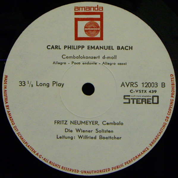 Johann Christian Bach / Carl Philipp Emanuel Bach - Fritz Neumeyer , Die Wiener Solisten , Wilfried Boettcher - Cembalokonzert D-dur / Cembalokonzert G-dur / Cembalokonzert D-moll | Amadeo (AVRS 12003 St) - 4