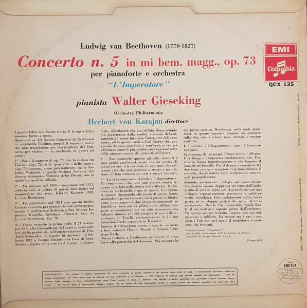 Ludwig van Beethoven , Walter Gieseking , Herbert Von Karajan - Concerto N. 5 In Mi Bemolle Maggiore Op. 73 Per Pianoforte E Orchestra "L'Imperatore" | Columbia (33 QCX 135) - 3