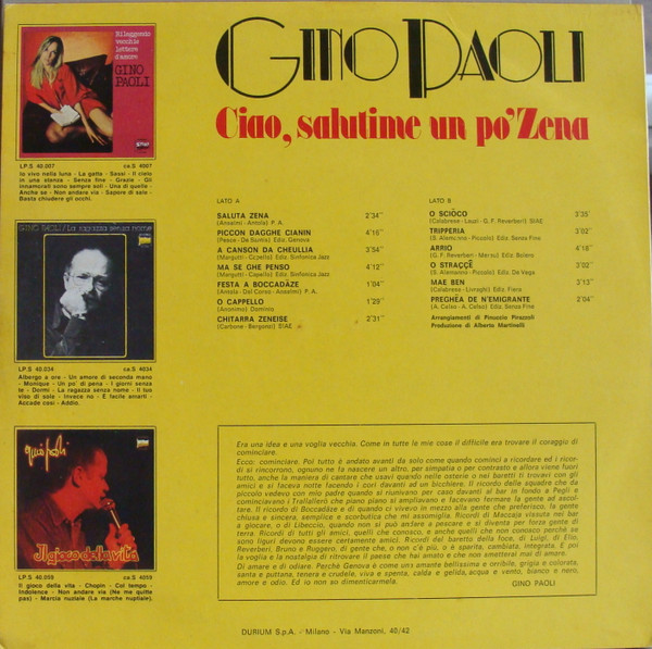 Gino Paoli - Ciao, Salutime Un Po' Zena | Durium Start (LP. S 40.086) - 2 Gino Paoli - Ciao, Salutime Un Po' Zena | Durium Start (LP. S 40.086) - 2