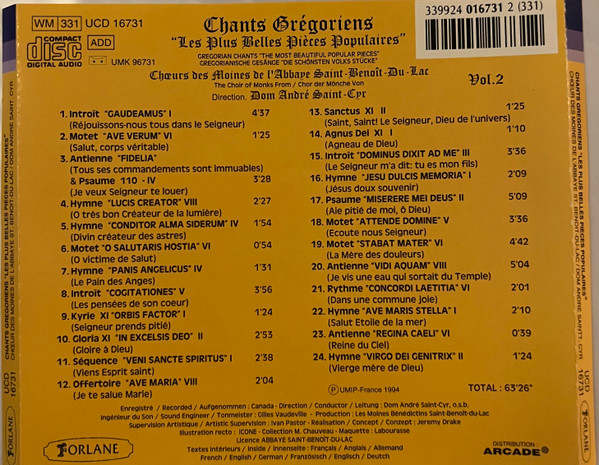 Choeur des Moines de l'Abbaye Saint-Benoît-du-Lac - Chants Grégoriens (Les Plus Belles Pièces Populaires) Vol. 2 | Forlane (UCD 16731) - 2