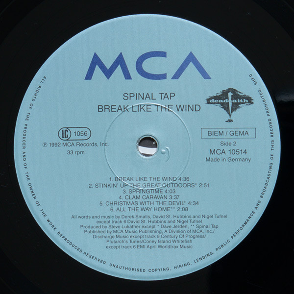 Spinal Tap - Break Like The Wind | MCA Records (MCA 10514) - 4 Spinal Tap - Break Like The Wind | MCA Records (MCA 10514) - 4