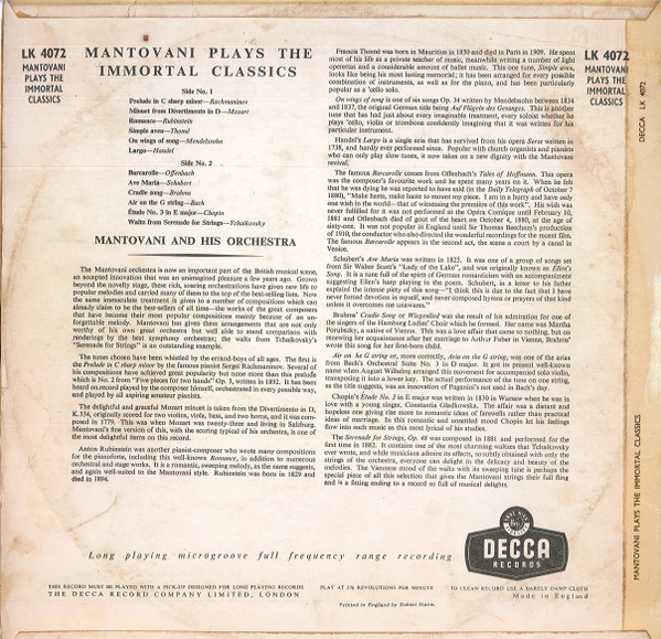 Mantovani And His Orchestra - Mantovani Plays The Immortal Classics | Decca (LK.4072) - 2 Mantovani And His Orchestra - Mantovani Plays The Immortal Classics | Decca (LK.4072) - 2