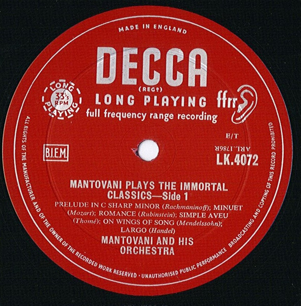 Mantovani And His Orchestra - Mantovani Plays The Immortal Classics | Decca (LK.4072) - 3 Mantovani And His Orchestra - Mantovani Plays The Immortal Classics | Decca (LK.4072) - 3