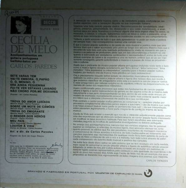 Cecília De Melo , Carlos Paredes - Meu País | Decca (SLPDX 523) - 2