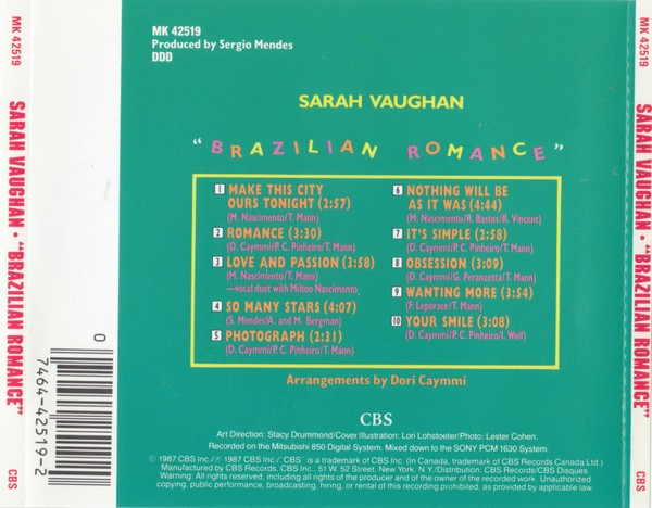 Sarah Vaughan With Milton Nascimento - Brazilian Romance | CBS (MK 42519) - 2 Sarah Vaughan With Milton Nascimento - Brazilian Romance | CBS (MK 42519) - 2