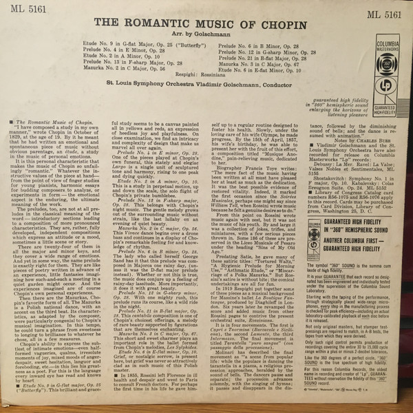 Saint Louis Symphony Orchestra - The Romantic Music Of Chopin [Vinyl] | Columbia Masterworks (ML 5161) - 2