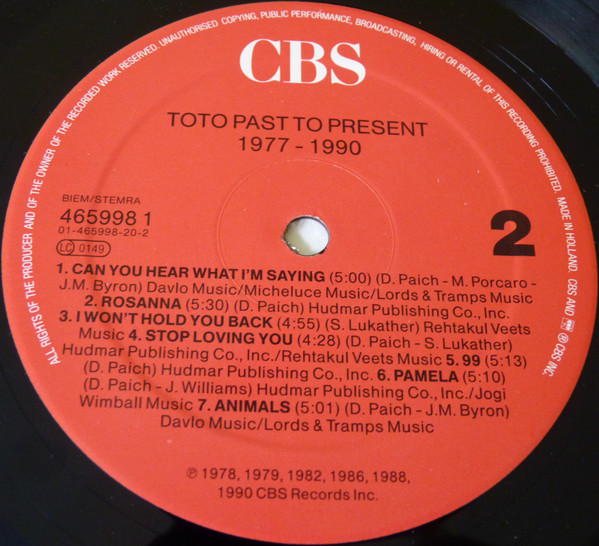 Toto - Past To Present 1977 - 1990 | CBS (465998 1) - 3