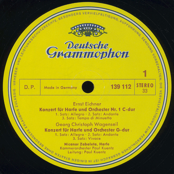 Nicanor Zabaleta , Ernst Eichner ∙ Georg Christoph Wagenseil ∙ Carl Ditters von Dittersdorf ∙ Wolfgang Amadeus Mozart , Orchestre de Chambre Paul Kuentz ∙ Paul Kuentz - Nicanor Zabaleta | Deutsche Grammophon (139 112 SLPM) - 3 Nicanor Zabaleta , Ernst Eichner ∙ Georg Christoph Wagenseil ∙ Carl Ditters von Dittersdorf ∙ Wolfgang Amadeus Mozart , Orchestre de Chambre Paul Kuentz ∙ Paul Kuentz - Nicanor Zabaleta | Deutsche Grammophon (139 112 SLPM) - 3
