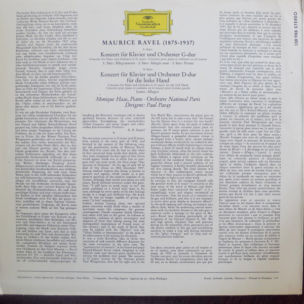 Maurice Ravel – Monique Haas · Orchestre National De France · Paul Paray - Klavierkonzerte G-dur · D-dur | Deutsche Grammophon (138 988 SLPM) - 2