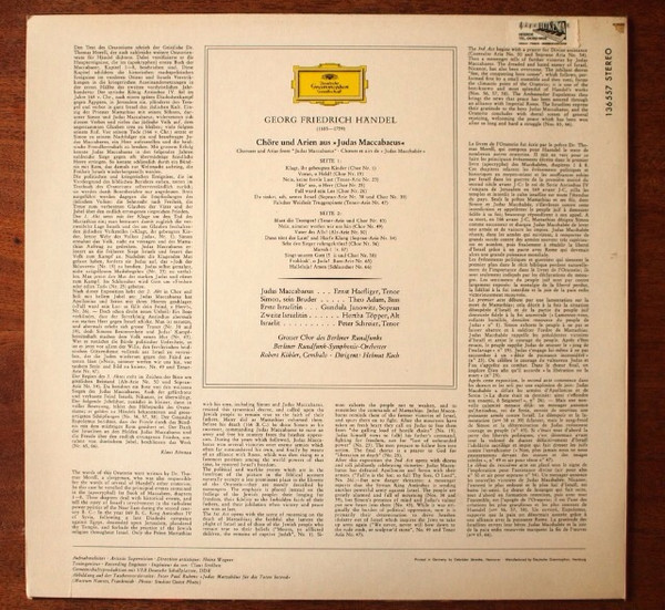 Georg Friedrich Händel - Gundula Janowitz , Hertha Töpper , Ernst Haefliger , Peter Schreier , Theo Adam , Großer Chor Des Berliner Rundfunks Und Rundfunk-Sinfonieorchester Berlin , Helmut Koch - Judas Maccabaeus (Chore Und Arien In Deutscher Sprache) | Deutsche Grammophon (136 557) - main