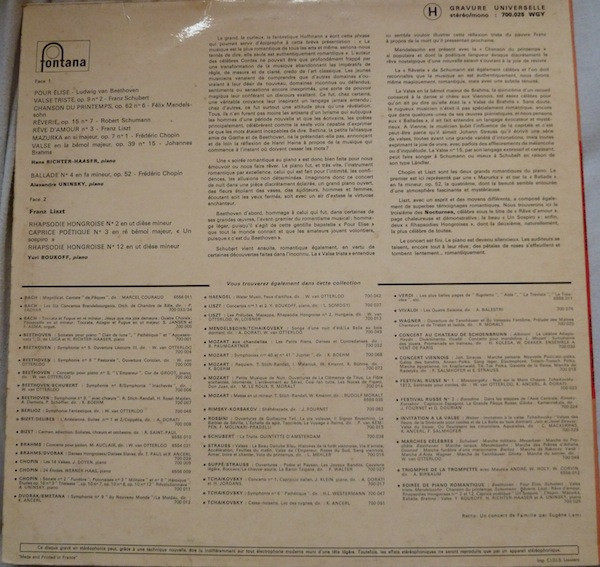 Various / Hans Richter-Haaser , Alexander Uninsky , Yuri Boukoff - Soirée De Piano Romantique | Fontana (700.025 WGY) - 2