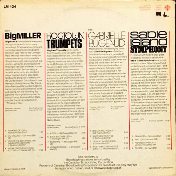 Various - Big Miller / Hogtown Trumpets / Gabrielle Bugeaud / Sable Island Symphony | CBC Radio Canada Broadcast Recording (LM 434) - 2 Various - Big Miller / Hogtown Trumpets / Gabrielle Bugeaud / Sable Island Symphony | CBC Radio Canada Broadcast Recording (LM 434) - 2