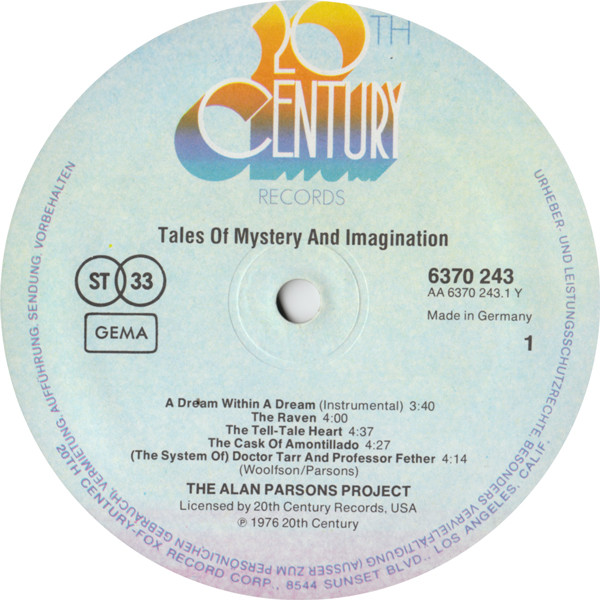 The Alan Parsons Project - Tales Of Mystery And Imagination | 20th Century Records (6370 243) - 3 The Alan Parsons Project - Tales Of Mystery And Imagination | 20th Century Records (6370 243) - 3