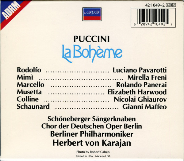 Giacomo Puccini , Mirella Freni , Luciano Pavarotti , Elizabeth Harwood , Nicolai Ghiaurov , Herbert von Karajan , Berliner Philharmoniker - La Bohème (2CD-Boxset) [CD] | London Records (421 049-2) - 3