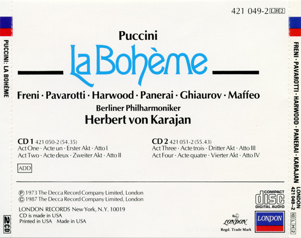 Giacomo Puccini , Mirella Freni , Luciano Pavarotti , Elizabeth Harwood , Nicolai Ghiaurov , Herbert von Karajan , Berliner Philharmoniker - La Bohème (2CD-Boxset) [CD] | London Records (421 049-2) - 2