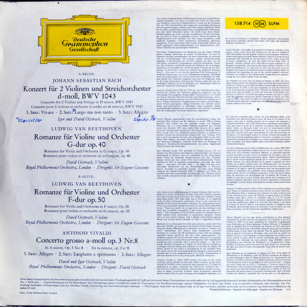 David Oistrach Und Igor Oistrach - Johann Sebastian Bach • Ludwig van Beethoven • Antonio Vivaldi - David Und Igor Oistrach | Deutsche Grammophon (SLPM 138 714) - 2 David Oistrach Und Igor Oistrach - Johann Sebastian Bach • Ludwig van Beethoven • Antonio Vivaldi - David Und Igor Oistrach | Deutsche Grammophon (SLPM 138 714) - 2