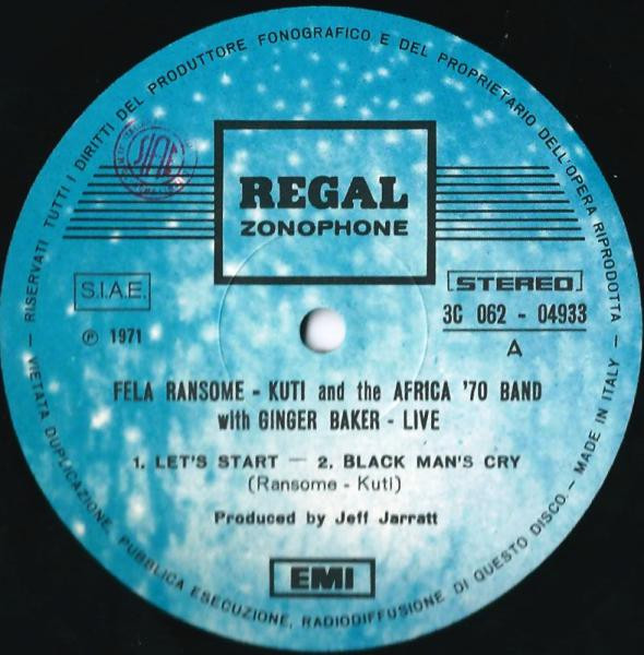 Fela Kuti And Africa 70 With Ginger Baker - Live! | Regal Zonophone (3C 062-04933) - 3
