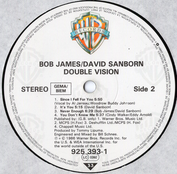 Bob James / David Sanborn - Double Vision | Warner Bros. Records (925 393-1) - 4 Bob James / David Sanborn - Double Vision | Warner Bros. Records (925 393-1) - 4