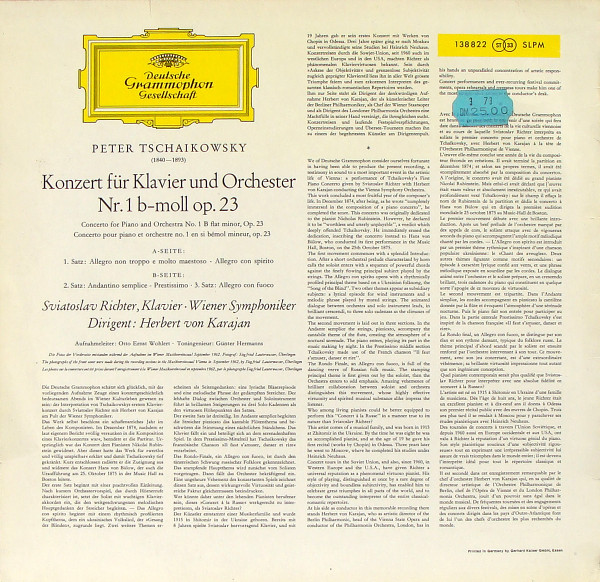 Pyotr Ilyich Tchaikovsky , Sviatoslav Richter , Herbert Von Karajan , Wiener Symphoniker - Klavierkonzert Nr. 1 B-Moll | Deutsche Grammophon (138 822 SLPM) - 2