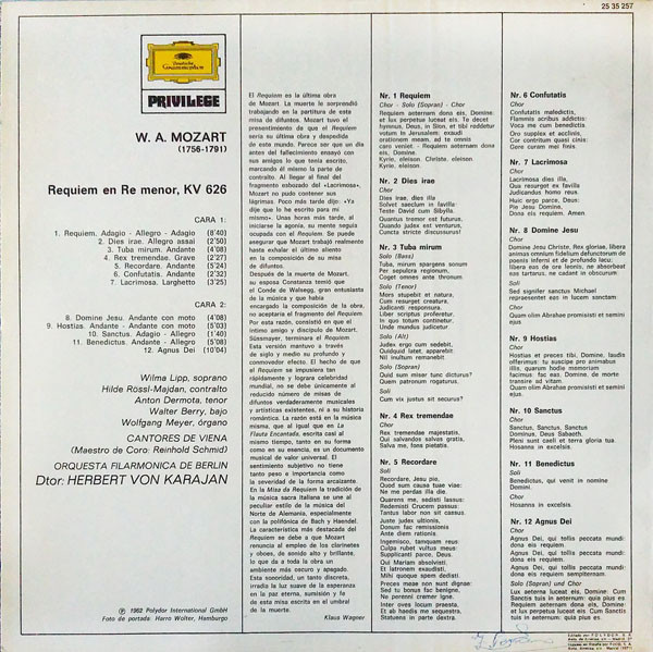 Wolfgang Amadeus Mozart ‧ Wiener Singverein ‧ Berliner Philharmoniker , Herbert von Karajan - Requiem | Deutsche Grammophon (25 35 257) - 2