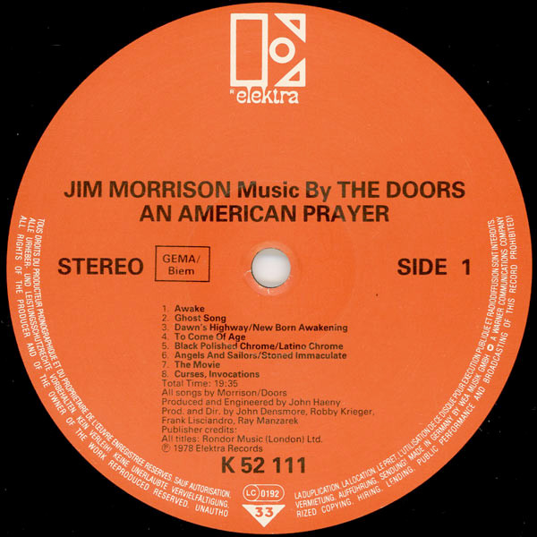Jim Morrison Music By The Doors - An American Prayer | Elektra (ELK 52 111) - 3 Jim Morrison Music By The Doors - An American Prayer | Elektra (ELK 52 111) - 3