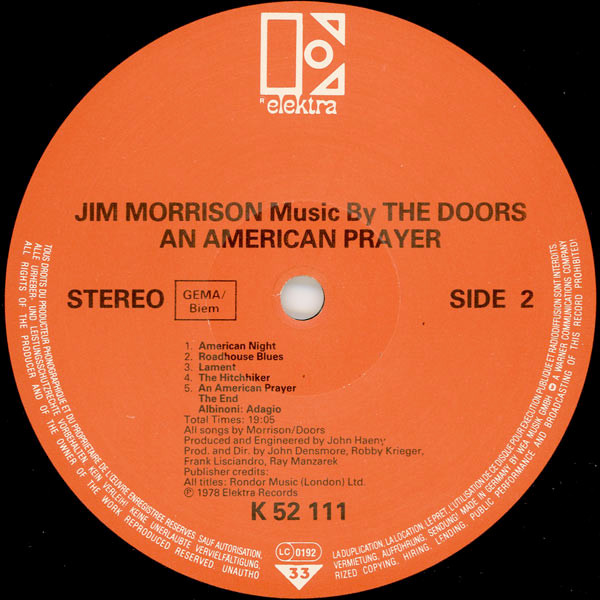 Jim Morrison Music By The Doors - An American Prayer | Elektra (ELK 52 111) - 4 Jim Morrison Music By The Doors - An American Prayer | Elektra (ELK 52 111) - 4