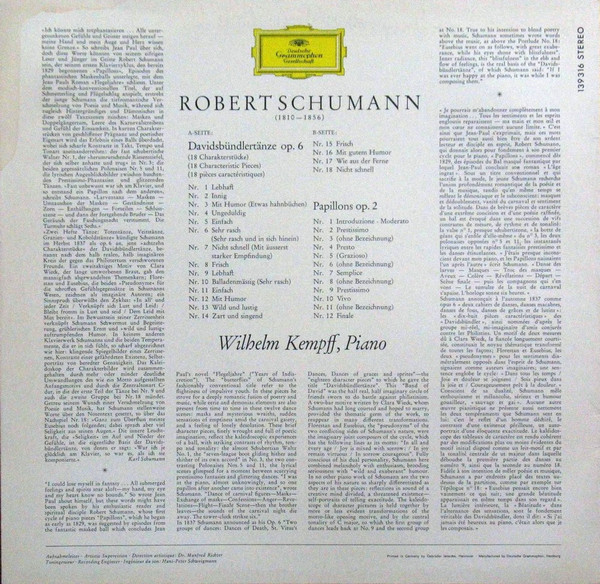 Robert Schumann - Wilhelm Kempff - Davidsbündlertänze Op. 6 • Papillons Op. 2 | Deutsche Grammophon (139 316 SLPM) - 2