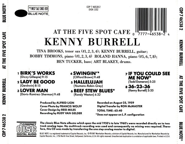 Kenny Burrell With  Art Blakey - On View At The Five Spot Cafe | Blue Note (CDP 7 46538 2) - 2