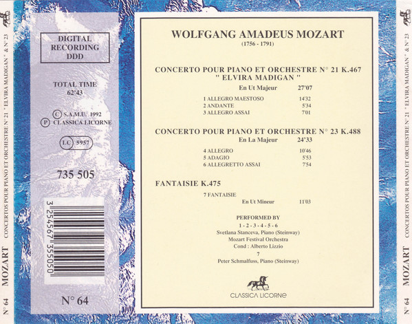 Wolfgang Amadeus Mozart - Concertos Pour Piano Et Orchestre, Concerto "Elvira Madigan" N° 21 K. 467 • N° 23 K. 488 • Fantasie K. 475 | Classica Licorne (735 505) - 2