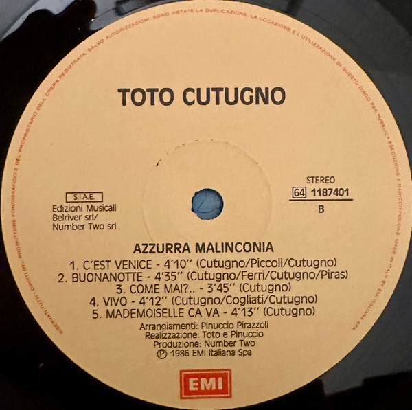 Toto Cutugno - Azzurra Malinconia | EMI (64 1187401) - 4