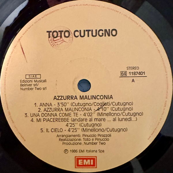 Toto Cutugno - Azzurra Malinconia | EMI (64 1187401) - 3