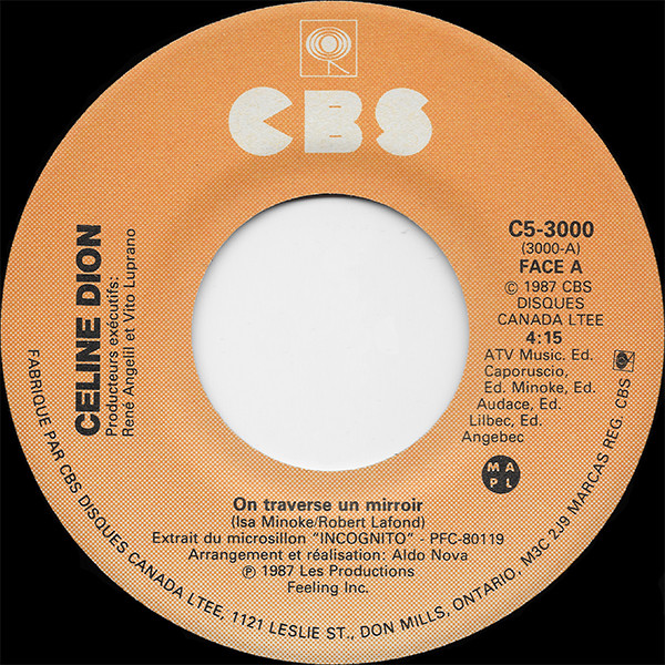 Céline Dion - On Traverse Un Mirroir (7") [Vinyl] | CBS (C5-3000) - 3