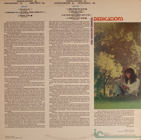 Toshiko Akiyoshi Trio - Dedications | Inner City Records (IC 6046) - 2 Toshiko Akiyoshi Trio - Dedications | Inner City Records (IC 6046) - 2