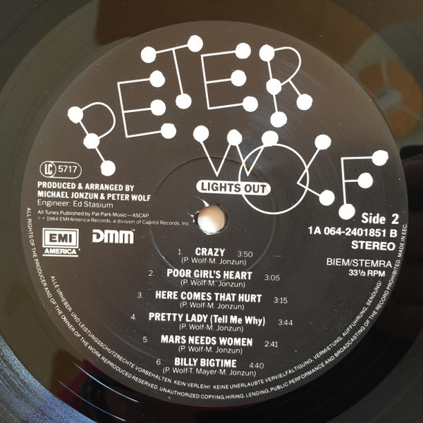 Peter Wolf - Lights Out | EMI America (1A 064-24 0185 1) - 4