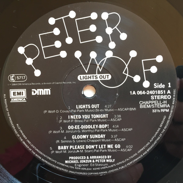Peter Wolf - Lights Out | EMI America (1A 064-24 0185 1) - 3